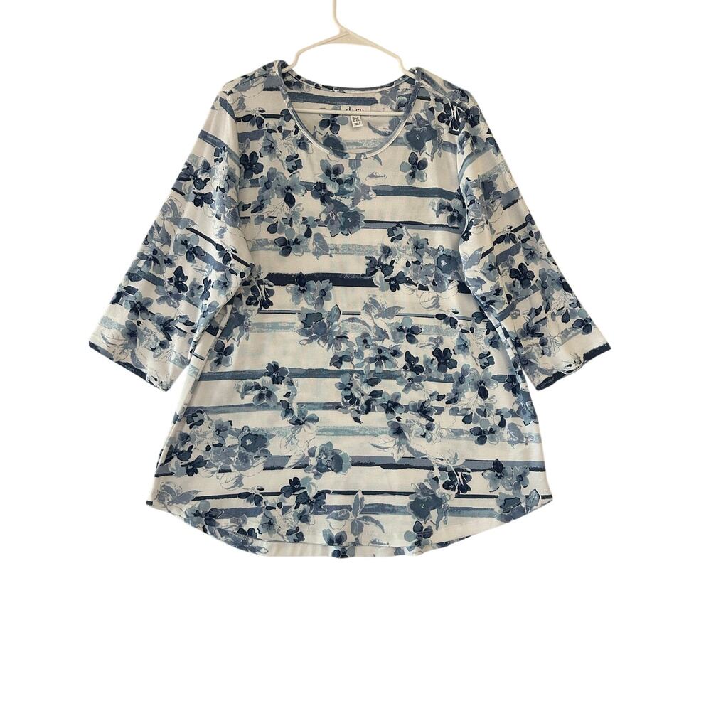 Denim & Co Blue White Floral Stripe Top 1X Classic